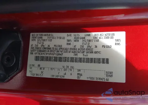 2015 Ford F-150 Xlt из США, поврежденный, VIN 1FTEX1CP1FKF12847